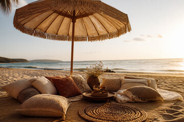 Obraz premium A thatched beach umbrella shades a cozy setup of pillows and woven mats on the sand near the ocean at sunset.
