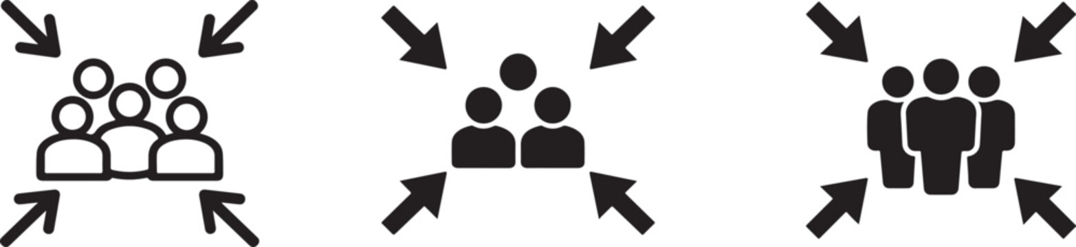 Assembly point vector set with gathering signs, emergency meeting markers and safety symbols.