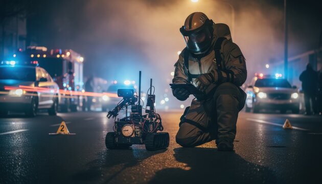 Professional bomb disposal technician wearing a protective heavy suit defusing a suspicious package on a city street