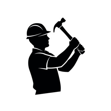 Silhouette of a Construction Worker Wearing a Hard Hat and Holding a Hammer for Building and Repair Services