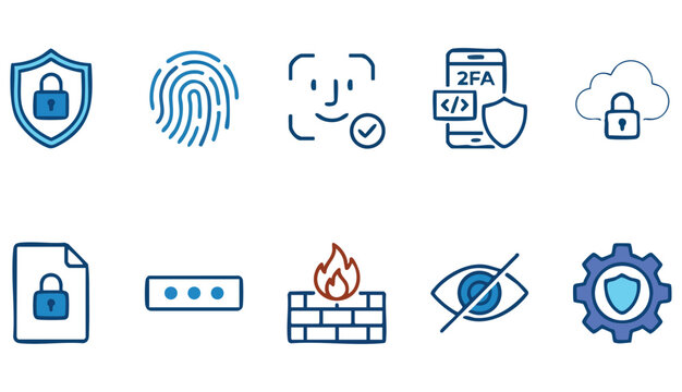 security and privacy icon set shield lock fingerprint face id password firewall vpn