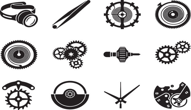 Collection of black clockwork gears springs and tools watchmaking