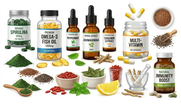 Healthcare Supplements with Spirulina Omega 3 Essential Oils and Natural Vitamins Vector Collection