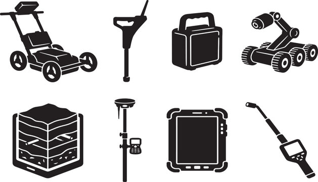 Collection of black silhouette of construction and surveying equipment construction equipment lawn mower