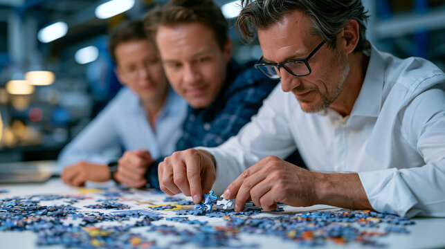 Scattered jigsaw puzzle fragments across a conference room table as a project manager and two engineers slot the final piece into a completed workflow diagram, collaborative problem solving in a man
