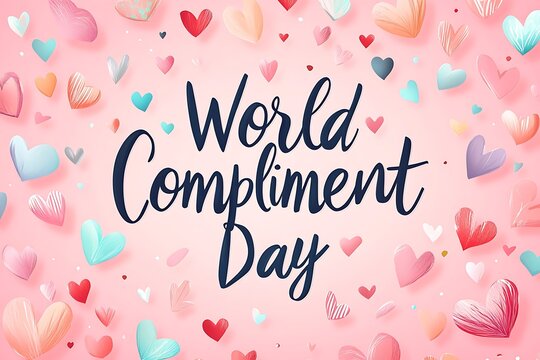World compliment day greeting card with colorful hearts on a pink background