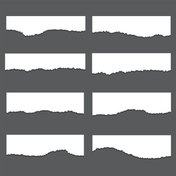 Realistic vector collection of eight white torn paper sheets and ripped note horizontal banners with rough textured edges isolated on a dark gray background.