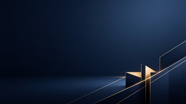 Premium dark navy blue abstract corporate background template featuring 3D geometric blocks, glowing gold edge lines, and vast empty copy space