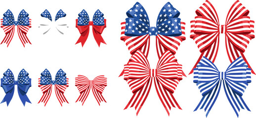 Fototapeta premium American Patriotic Red White and Blue Star Striped Ribbon Bow Icon Set for Independence Day Fourth of July and National Holiday Celebration Designs
