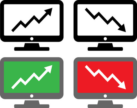 Set of computer monitor icons with rising and falling stock market graphs