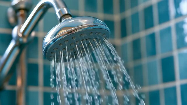 Running Shower: A close-up shot of a chrome shower head emitting a steady stream of clean, refreshing water against a backdrop of turquoise mosaic tiles, evoking a sense of cleanliness and relaxation.