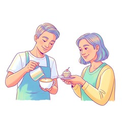Fototapeta premium Barista making latte art and woman holding a cupcake