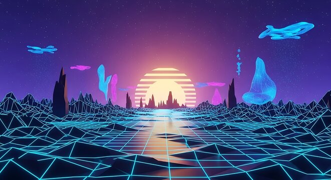 Retro 80s synthwave landscape with glowing neon grid and sunset.
