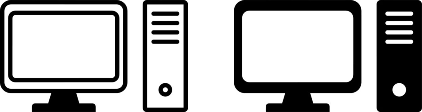 Desktop computer icons set, outline and solid style