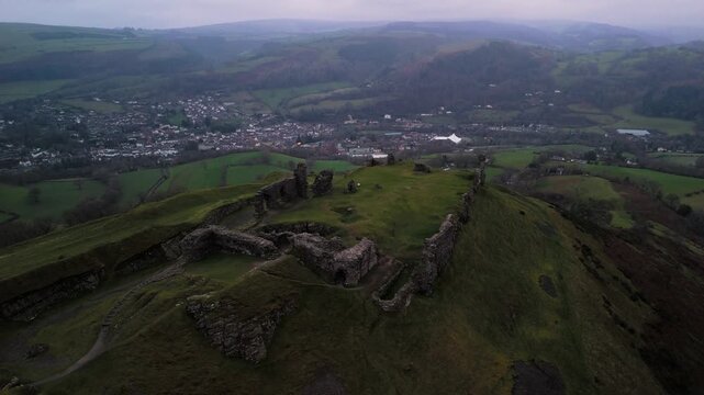Aerial View of Castell Dinas Br&acirc;n Ruins Overlooking Llangollen Valley, Wales