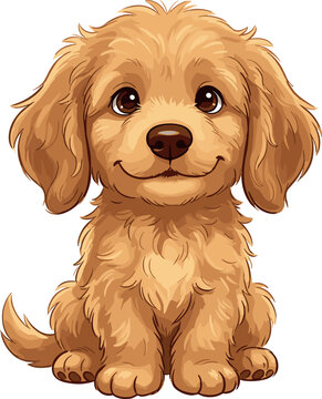 Cute fluffy golden labradoodle puppy character sitting and smiling friendly sweet gold doodle dog isolated on white background vector illustration.