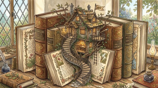Whimsical miniature house built inside vintage fantasy books
