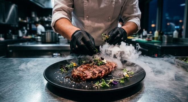 Modern Gastronomy: Chef in Black Gloves Garnishing Seared Wagyu Beef with Cold Mist Vapor