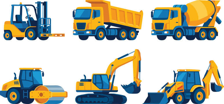 Flat vector illustration set of yellow heavy construction machinery and industrial vehicles featuring forklift excavator dump truck road roller