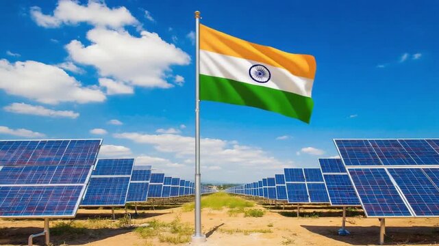 Solar panel farm or solar park in India.