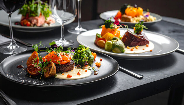 Gourmet food dishes elegant dining