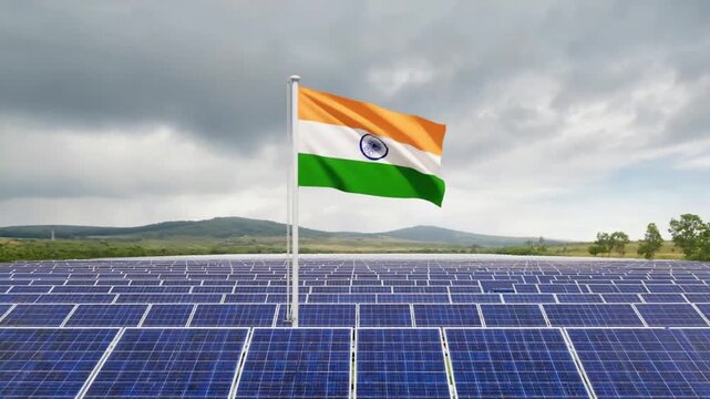 Solar panel farm or solar park in India.