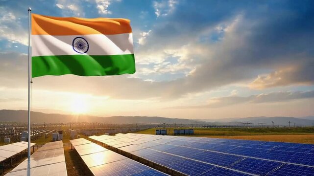 Solar panel farm or solar park in India.