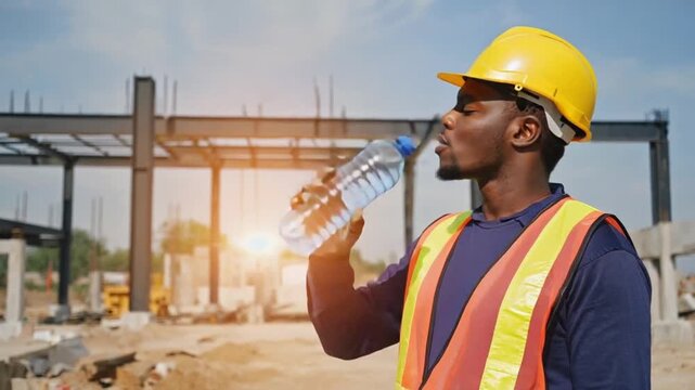 Worker drinking water at a construction site.