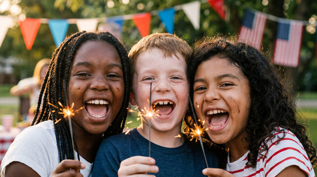 Independence Day outdoor party children holding sparklers laughing together for patriotic celebration freedom summer gathering marketing social media greeting card
