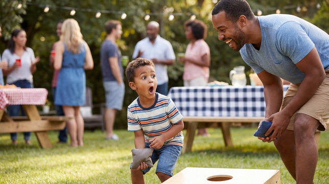 Independence Day lawn party father son playing cornhole game with surprised expression for patriotic outdoor celebration family fun freedom summer gathering marketing