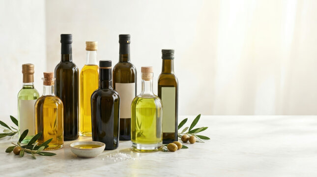 Assorted olive oil bottles arranged for culinary use