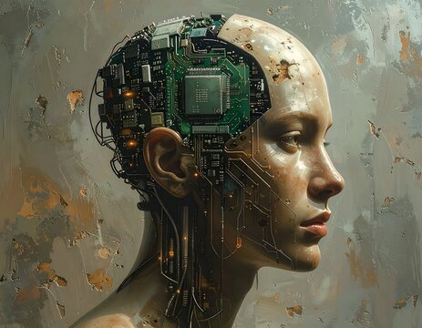 Cyborg head with circuit board inside. Artificial intelligence concept. 3D rendering