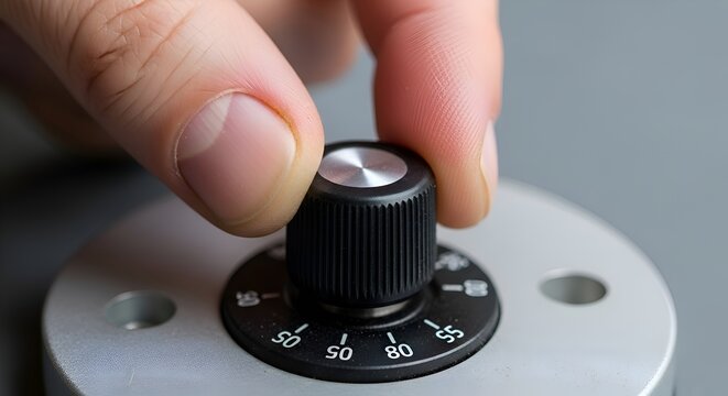 Hand Turning Black Knob on Control Panel - Close Up