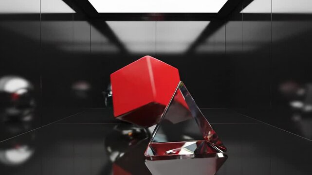 Geometric sphere and cube in mirrored architectural room.
