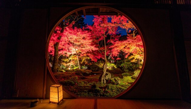 夜の丸窓からライトアップされた紅葉が見える静かな和室の幻想的な写真