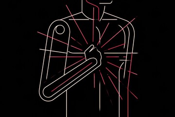 Obraz premium Illustration displays heart attack warning signs on adult body with pain lines radiating from chest to arm and jaw area.