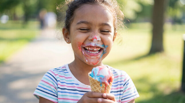 Independence Day celebration child eating patriotic ice cream laughing for freedom summer dessert holiday marketing family fun sweet treat concept