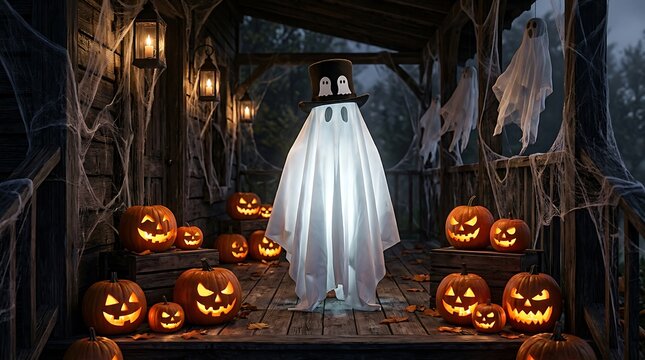 White ghost standing among glowing pumpkins in dark forest illustration