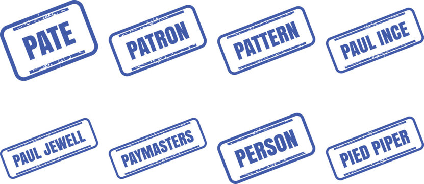 Set of blue rubber stamps with various words and names on stamp vector design set