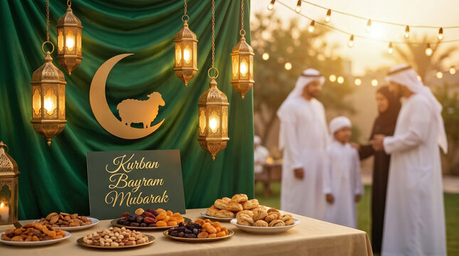 Traditional Eid al Adha celebration table with food and decorative lanterns. Crescent moon and sheep silhouette with Kurban Bayram Mubarak sign. Arab family in blurred background