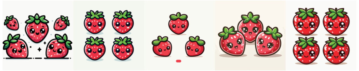 Cute strawberry cartoon character mascot set, kawaii red berry fruit illustration vector bundle © Sromben