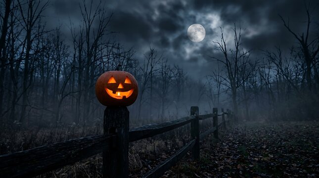 Glowing pumpkin head in a dark spooky forest at night illustration