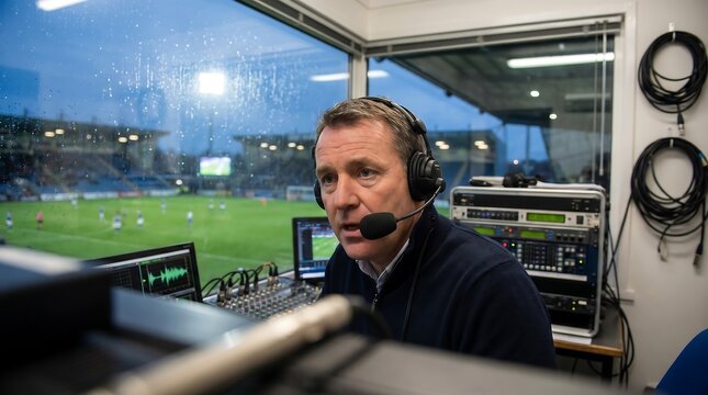 Locutor deportivo profesional comentando un partido en directo desde la cabina de prensa del estadio durante la cobertura de un evento deportivo.