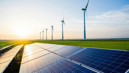 Clean energy production using solar panels and wind power turbines with renewable, sustainable © PG Studio