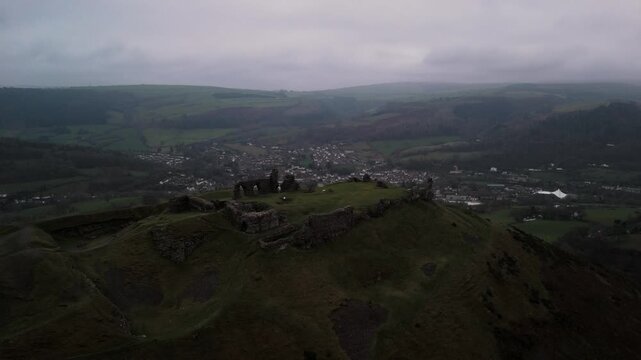 Aerial View of Castell Dinas Br&acirc;n Ruins Overlooking Llangollen Valley, Wales