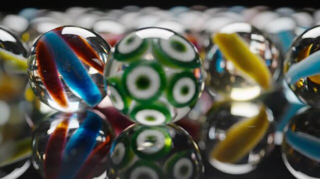Glass marbles lined up on reflective surface.