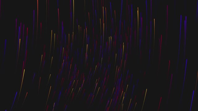 Abstract vertical colorful particle light trails falling on dark background Video, Cyber digital neon data rain with glowing blue red and orange particle velocity motion.