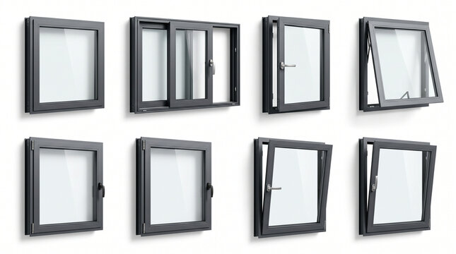Modern Dark Gray Aluminum Window Frame Styles and Types Collection on White Background