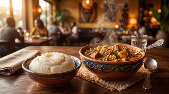 A bowl of steaming African beef stew with okra alongside a perfect mound of fufu served on a wooden table inside a vibrant restaurant