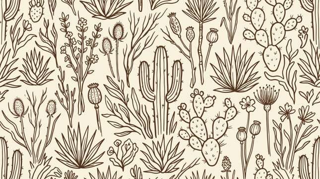A Hand drawn pattern featuring various desert plants and flowers in a repeating design on a cream background.